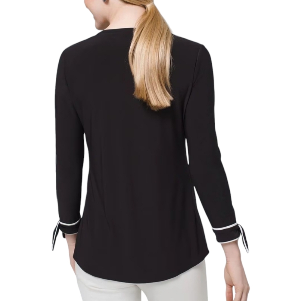 White House Black Market V-Neck Black Blouse with White Accents - Picture 3 of 9